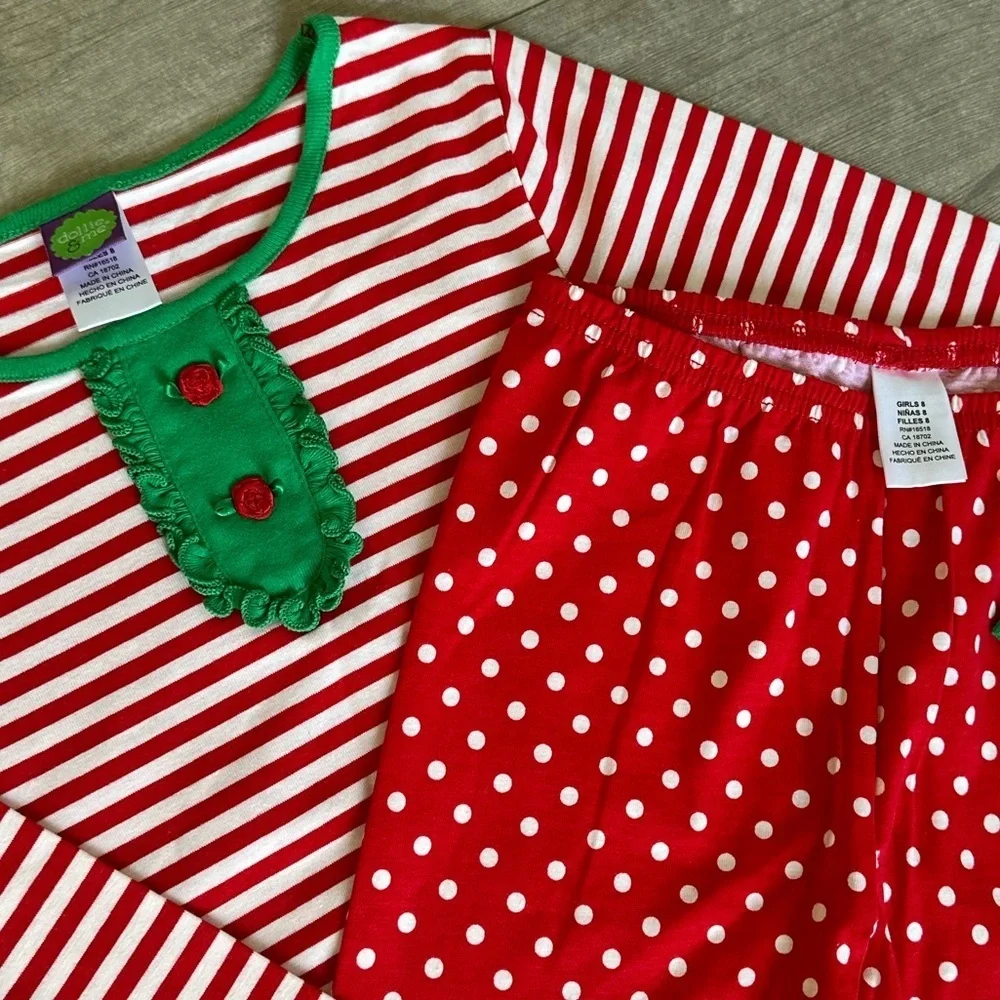 New Dollie & Me Girls Ultra Soft Polka Dot Stripes Red White Green Pajama Set